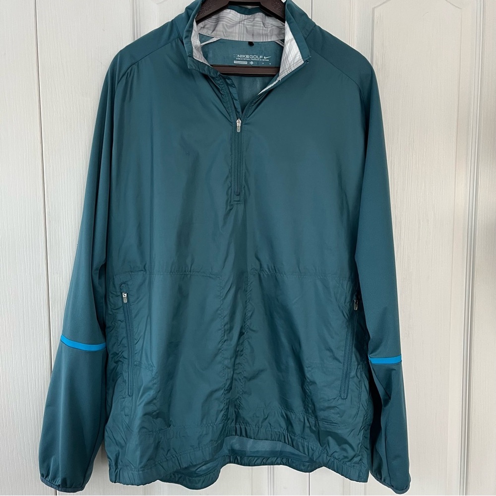 Nike Golf Windbreaker jacket men’s teal green with blue trim.  1/4 zip. size L